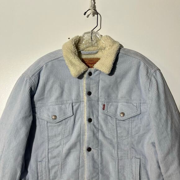 Levi’s‎ Women’s Ex-Boyfriend Light Blue Corduroy Sherpa Trucker Jacket Size XL - Picture 3 of 8